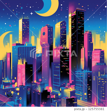 鮮やかな色彩で描かれた高層ビル群と夜空の三日月が幻想的な風景を演出する都市イラスト|静けさときらめき 鮮やかな色彩で描かれた高層ビル群と夜空の三日月が幻想的な風景を演出する都市イラスト|静けさときらめき 125755381