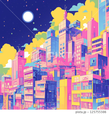 鮮やかな色彩で描かれた高層ビル群と夜空の三日月が幻想的な風景を演出する都市イラスト｜静けさときらめき 125755386