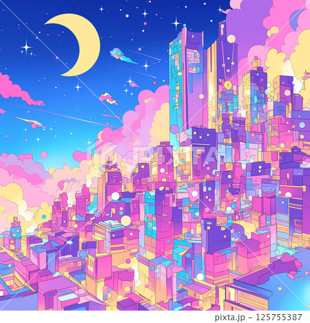 鮮やかな色彩で描かれた高層ビル群と夜空の三日月が幻想的な風景を演出する都市イラスト|静けさときらめき 鮮やかな色彩で描かれた高層ビル群と夜空の三日月が幻想的な風景を演出する都市イラスト|静けさときらめき 125755387