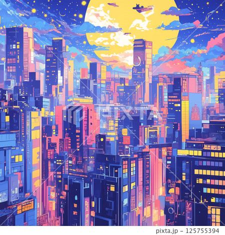 パステルカラーで描かれた美しい都市の夜と空に輝く三日月が織りなす詩的な風景イラスト|星とビル パステルカラーで描かれた美しい都市の夜と空に輝く三日月が織りなす詩的な風景イラスト|星とビル 125755394