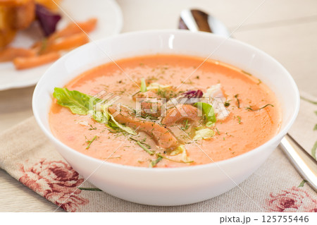 Healthy and delicate cream soup of red fish with dill Healthy and delicate cream soup of red fish with dill 125755446