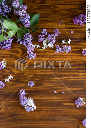 Beautiful spring lilac on wooden background with space for text Beautiful spring lilac on wooden background with space for text 125755491