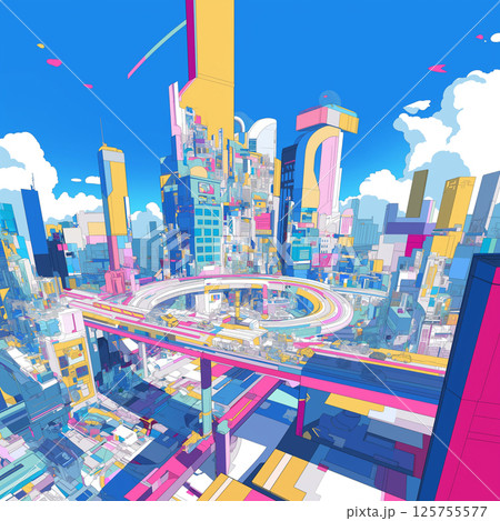明るい青空の下に立ち並ぶ高層ビル群・未来感とレトロ感が融合した都市風景・色彩豊かなファンタジーアート 明るい青空の下に立ち並ぶ高層ビル群・未来感とレトロ感が融合した都市風景・色彩豊かなファンタジーアート 125755577