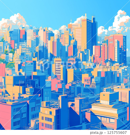 鮮やかなピンクとブルーの光で照らされた摩天楼の風景・現代建築とファンタジー空間が融合したデジタル都市 鮮やかなピンクとブルーの光で照らされた摩天楼の風景・現代建築とファンタジー空間が融合したデジタル都市 125755607