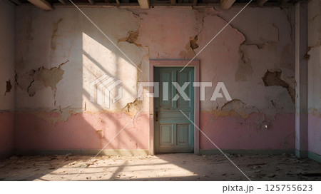 Sunbeams Streaming Through Open Door in Abandoned Building Sunbeams Streaming Through Open Door in Abandoned Building 125755623