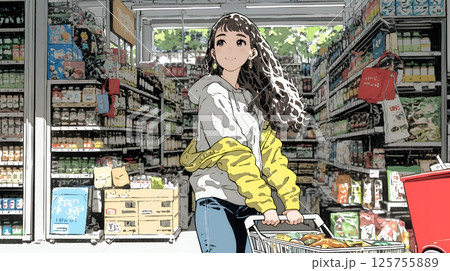 スーパーマーケットで買い物をしている女性