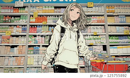 スーパーマーケットで買い物をしている女性