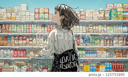 スーパーマーケットで買い物をしている女性