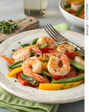 Shrimp and Colorful Vegetables Stir-Fry Plate 125755940