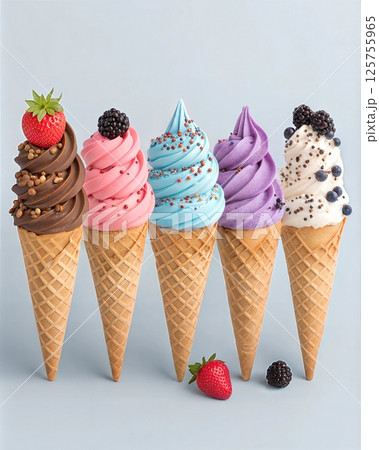 Five Colorful Ice Cream Cones with Toppings 125755965