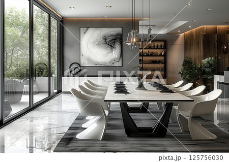 Large modern dining room with a white table and chairs. Well lit and has a clean, minimalist design 125756030