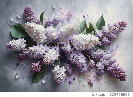 Spring lilac with leaves on a gray background with copy space Spring lilac with leaves on a gray background with copy space 125756068