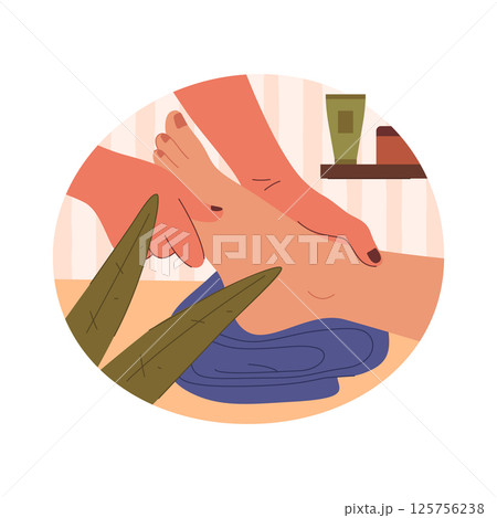 Vector foot massage sign. Flat banner for relaxation therapy and reflexology treatment. Symbol for spa care and service. Pressure relief for health and tension release. Holistic healing and pampering. 125756238