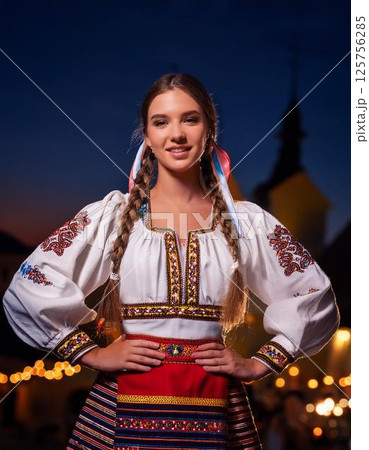 ブルガリア風の民族衣装を着た美女 125756285