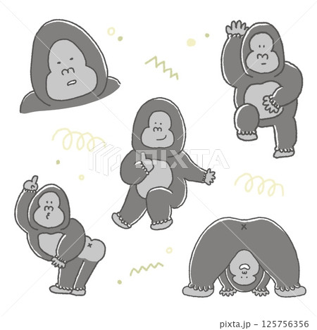踊るゴリラのかわいい手描きイラストセット 踊るゴリラのかわいい手描きイラストセット 125756356