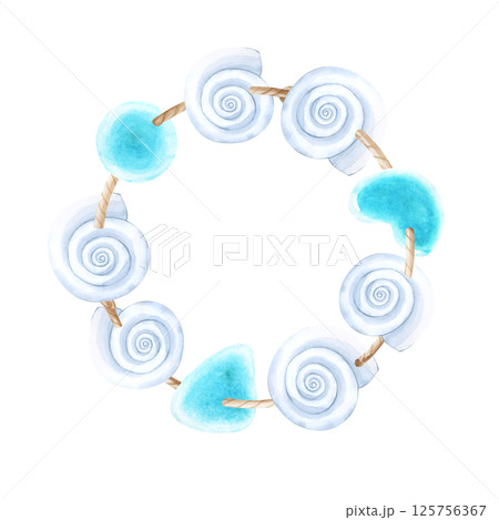 A frame made of cord, strung white shells and sea glass. Watercolor illustration isolated on a white background. A marine-themed bracelet. 125756367