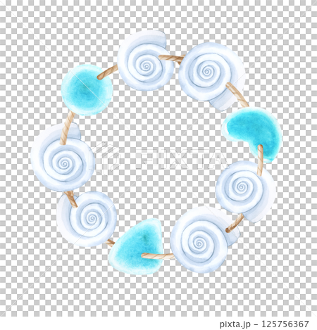A frame made of cord, strung white shells and sea glass. Watercolor illustration isolated on a white background. A marine-themed bracelet. 125756367