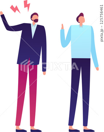 Two businessmen arguing, one raising a hand in anger while the other gestures defensively, illustrating conflict and communication breakdown in a professional setting 125756461