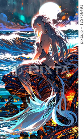 満月が煌めく幻想的な夜に海にいる人魚 125756491