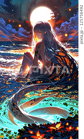 満月が煌めく幻想的な夜に海にいる女 125756492
