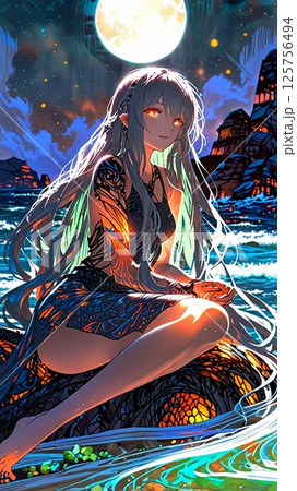 満月が煌めく幻想的な夜に海にいる女 125756494