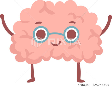 Cartoon illustration of a happy brain wearing glasses raising its arms and smiling, isolated on a white background, promoting mental health awareness and intelligence 125756495