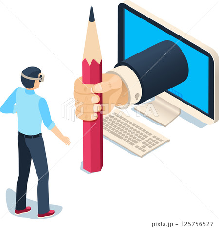 Giant hand with big red pencil coming out from computer screen drawing for businessman wearing virtual reality headset, isometric vector illustration on white background 125756527