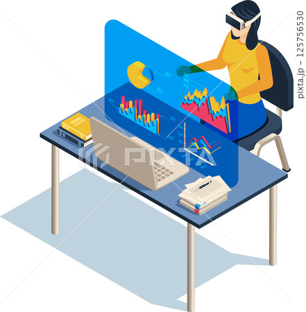 Businesswoman sitting at desk and wearing virtual reality headset analyzing financial charts and graphs projected on a transparent screen, isometric view 125756530