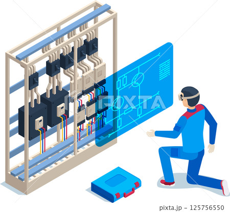 Electrician wearing augmented reality glasses checking electric panel wiring diagram, using holographic projection of futuristic software interface, isometric view 125756550