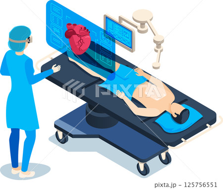 Surgeon wearing a virtual reality headset uses futuristic medical technology to examine a patient heart, displayed on a holographic screen above the operating table 125756551