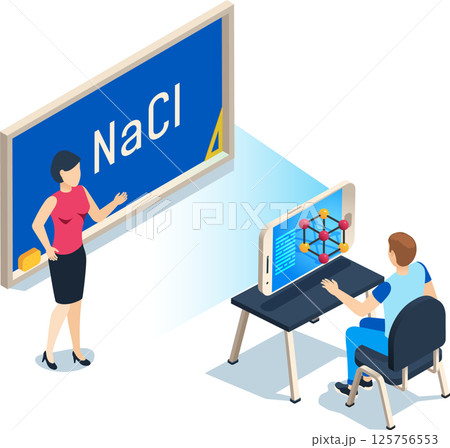 Chemistry teacher explaining NaCl molecular structure using augmented reality on smartphone during a chemistry class in an interactive and engaging way 125756553