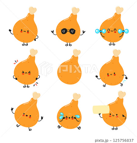 Adorable cartoon fried Chicken Drumsticks showing different emotions and activities on a white background. 125756837