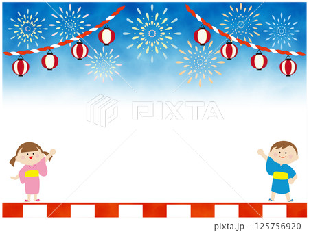 夏祭りの夜空と提灯と子供の背景素材 125756920