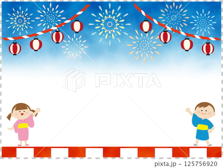 夏祭りの夜空と提灯と子供の背景素材 125756920