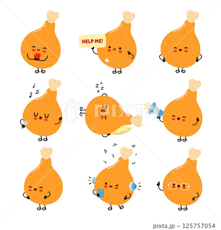 Playful cartoon Drumsticks showing various expressions, from love to sleep, on a white backdrop. 125757054