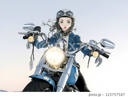 大型クルーザーバイクにのる女性のイラスト素材 125757587