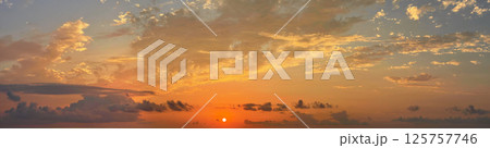 Orange sky with cloud and sun light. Nature background, skyline landscape Orange sky with cloud and sun light. Nature background, skyline landscape 125757746