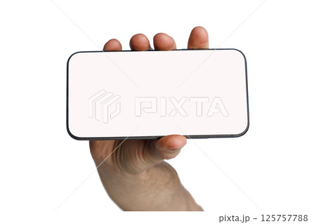 Hand showing smartphone with blank empty white screen display for new application  125757788