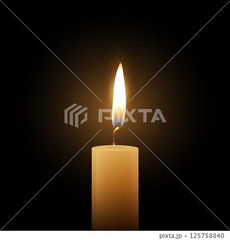 Realistic Vector Candle Flame Clipart on Black Background. Single Wax Pillar Candle with Soft Warm Glow and Flickering Flame, Ambient Lighting Design Template for Web, Print, Logo Design Realistic Vector Candle Flame Clipart on Black Background. Single Wax Pillar Candle with Soft Warm Glow and Flickering Flame, Ambient Lighting Design Template for Web, Print, Logo Design 125758840