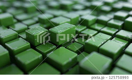 Glossy green cubes with water droplets create vibrant texture 125758993