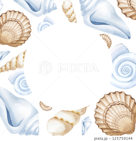 A square frame with various hand-painted watercolor shells. Beige, brown and white seashells. Watercolor illustration on a white background. Marine theme. Empty space for insertion. 125759144