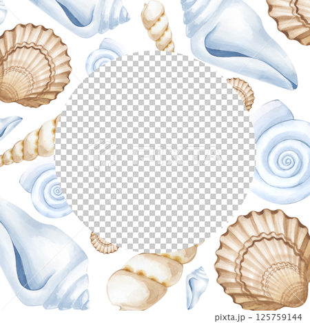 A square frame with various hand-painted watercolor shells. Beige, brown and white seashells. Watercolor illustration on a white background. Marine theme. Empty space for insertion. 125759144