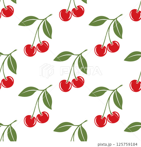 Vector Seamless Pattern with Cutout Cherry. Single, Pair of Cherries and Cluster of Cherries with Leaves , Repeated Print. Cherry Art, Design Template, Vector Illustration 125759184