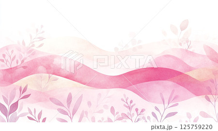 ピンクの波模様と植物が描かれた水彩風背景 125759220