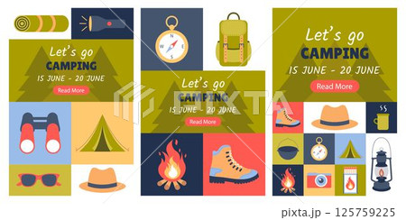 Camping. Set of posters, banners, placards, flyers, templates for social networks 125759225