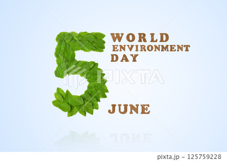 Design with the image of the number 5 of green leaves on white blue. World Environment day, 05 June. Beat plastic pollution. Ecology concept. 125759228