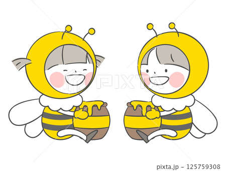 Children in Bee Costumes Sitting and Holding Honey Jars 125759308