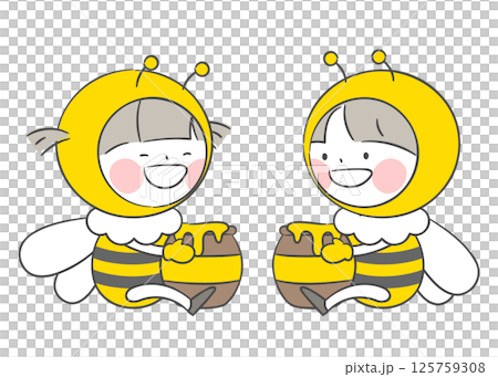 Children in Bee Costumes Sitting and Holding Honey Jars 125759308