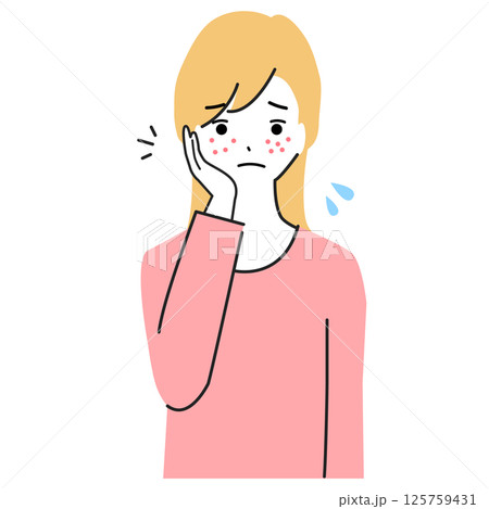 顔にニキビが出来て悩む若い女性のイラスト 125759431