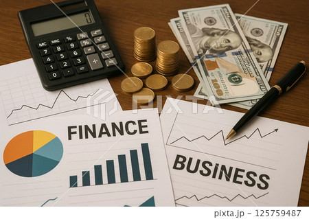 Business Finance Strategy with Charts, Coins, and Dollar Bills 125759487